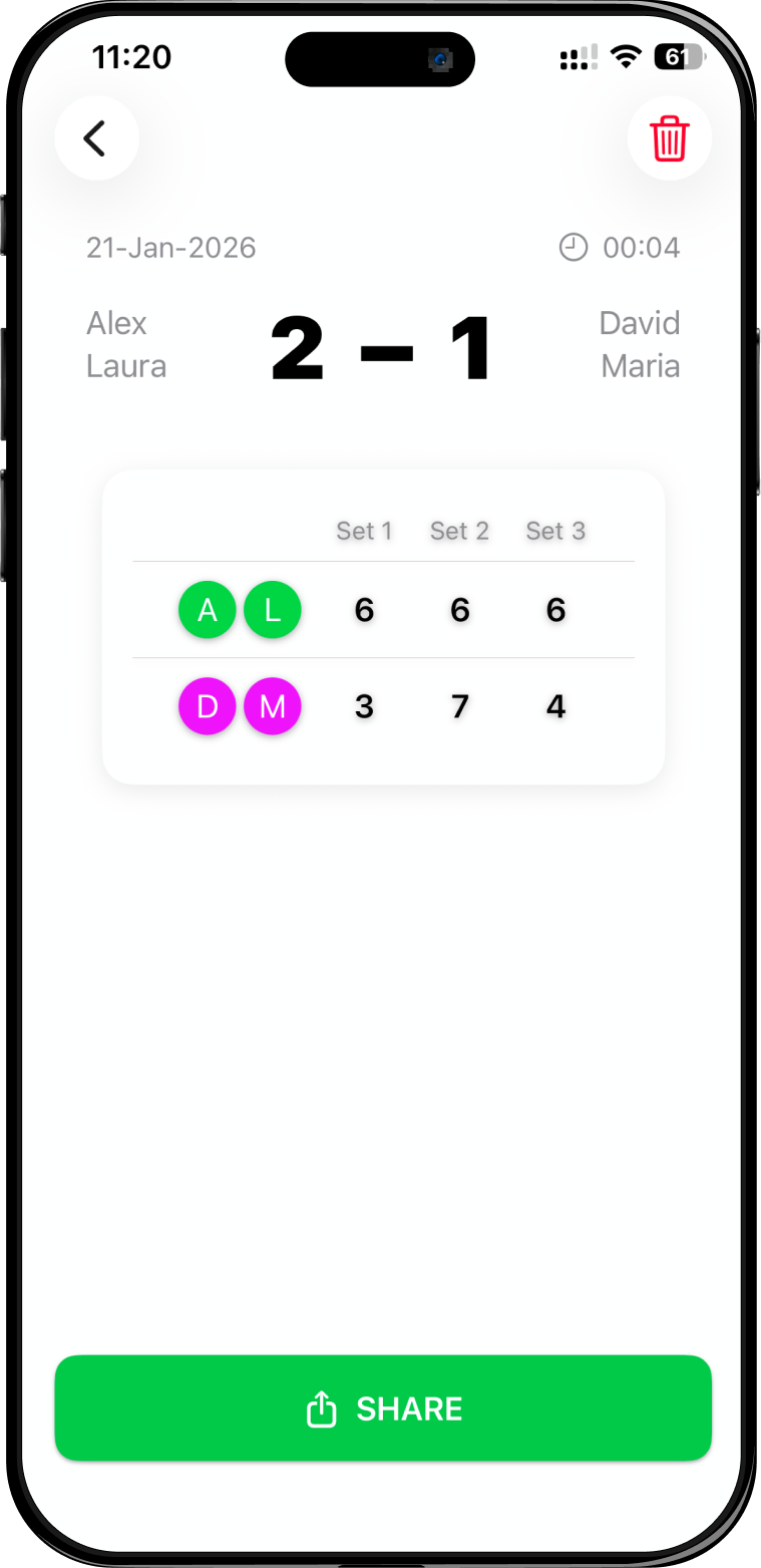iPhone showing padel match score